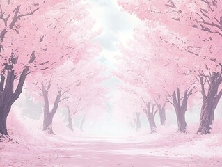 Fototapeta premium Serene pathway lined with blooming pink trees, creating a tranquil atmosphere.