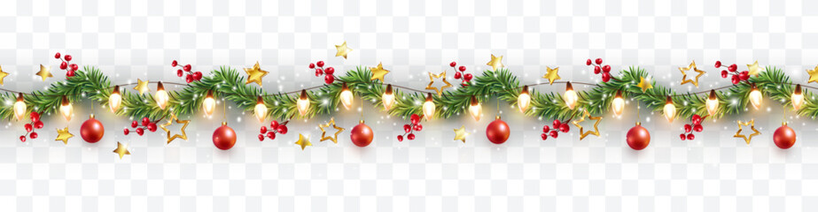 Border with green fir branches, red balls, berries, gold lights and stars isolated on transparent background. Pine, xmas evergreen plants seamless banner. Vector Christmas tree garland decoration