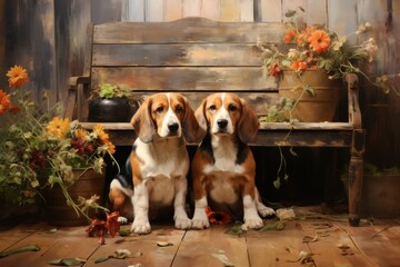 Two Beagles Resting on a Rustic Bench Surrounded by Vibrant Flowers in a Warm Nostalgic Vintage Artistic Dog Painting. Generative AI