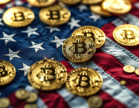 Monedas de Bitcoin dispersas sobre la bandera de Estados Unidos van girando a modo de carrusel, concepto sobre el destino de las cripto monedas como resultado de las elecciones de USA