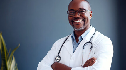 Celebrating National doctor day with smiling healthcare professional in white coat. Smiling African American doctor on a grey background. Medical Worker Day. Horizontal banner. Copy space