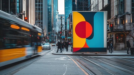 A vibrant urban scene featuring a colorful billboard against a backdrop of skyscrapers and busy streets, capturing modern city life.