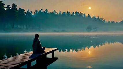 An image of a lone figure representing both thinking and sorrow sitting alone on a wooden bench on a mist-covered pier that leads into a large lake