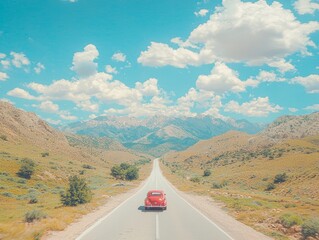 Scenic road with a vintage car surrounded by mountains and clouds.