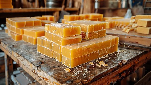 This Freshly harvested beeswax blocks stacked neatly on a rustic workbench.