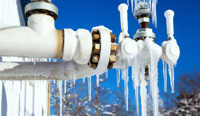 Frozen outdoor pipes are covered with icicles under a clear blue sky. Concept emphasizes cold weather and infrastructure challenges.
