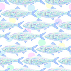Aquarium with blue fish. Seamless background for fabrics, textiles, packaging and wallpaper. Collection of aquarium fish. Decorative drawing of fish. Vector illustration