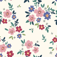 Seamless floral pattern, liberty ditsy print, abstract ornament of simple hand drawn plants. Cute botanical design in folk motif: small daisy flowers, tiny leaves, bouquets. Vector illustration. © Yulya i Kot
