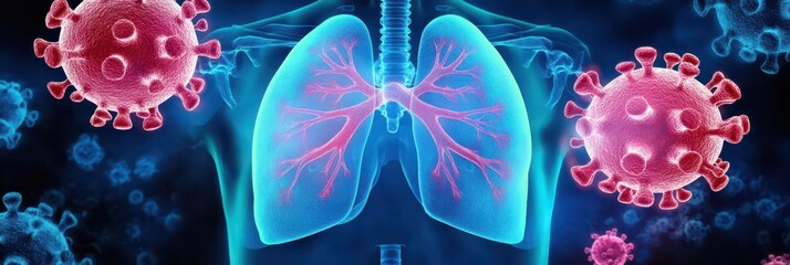 Tuberculosis awareness and lung health concept for World tuberculosis day. Horizontal banner. Copy space. World Lung Cancer Day. Blue lungs surrounded by pink viruses. Pneumonia, respiratory diseases