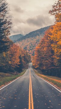 A winding road through vibrant autumn foliage and mountains.