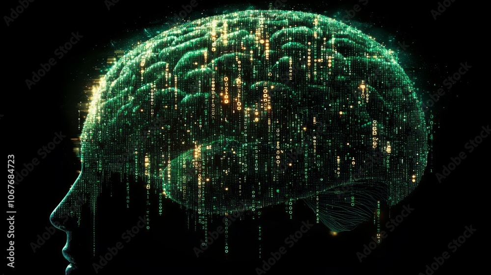 Poster silhouette of a brain filled with streaming binary code against a dark background
