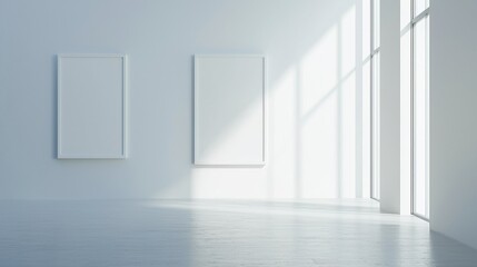 A white room with two empty frames on the wall