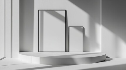 Two white frames are on a white pedestal