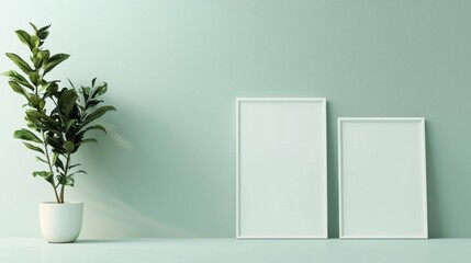 A white framed picture sits on a table next to a potted plant