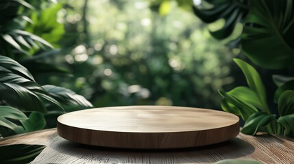 A wooden display platform surrounded by lush greenery in a forest setting during daylight hours