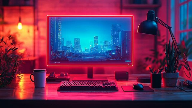 A high-tech computer setup in a room illuminated by neon lights.