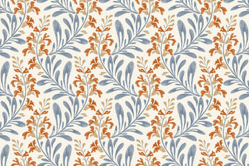 Vintage floral pattern wallpaper seamless minimal blue orange orchid flower watercolour style embroidery texture motifs vector illustration design hand drawn background border.