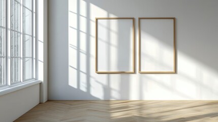 Fototapeta premium A white room with two empty frames on the wall