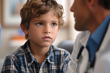 A young boy with curly hair sits in a doctor's office, focused on the conversation with a doctor. The atmosphere is professional yet caring as they discuss health and wellbeing
