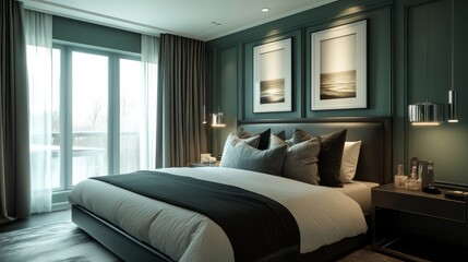 Obraz premium Modern Bedroom with Green Walls, White Bed, and Black Nightstand