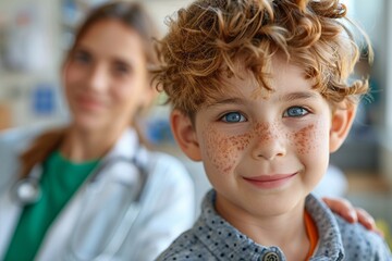 A boy with freckles and curly hair smiles brightly while a nurse stands behind him in a medical office, creating a warm and welcoming atmosphere for children visiting for check-ups
