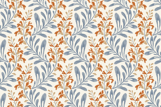 Vintage floral pattern wallpaper seamless minimal blue orange orchid flower watercolour style embroidery texture motifs vector illustration design hand drawn background border.