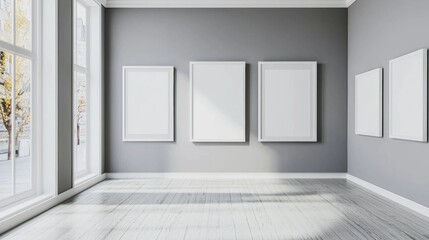 A room with three white framed pictures on the wall