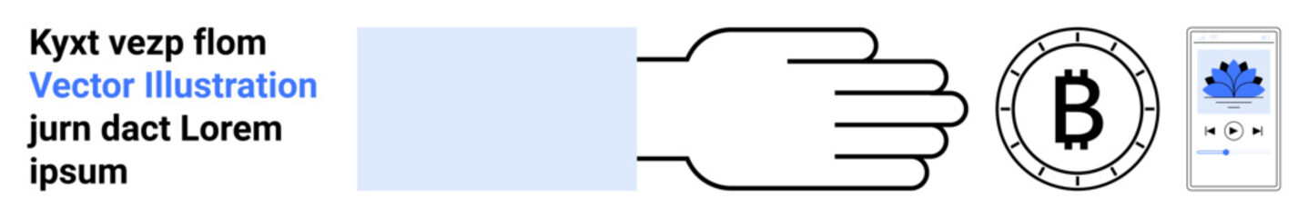 Hand reaching out, Bitcoin coin symbol, mobile app interface screen. Ideal for cryptocurrency, digital payments, mobile transactions, fintech, blockchain, virtual currency, modern business. Landing