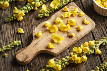 Fresh mullein flowers on a cutting board - preparation of herbal tincture