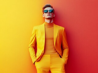 Young man in a striking yellow suit and turtleneck, leaning against a vibrant yellow and red gradient wall, exuding a bold, stylish vibe with modern, minimalist fashion appeal.