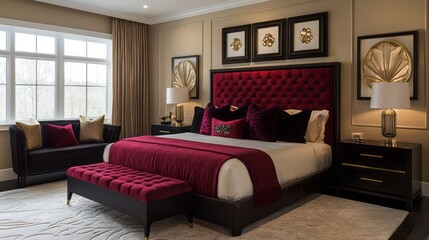 Fototapeta premium Luxurious Modern Bedroom Interior with Red Velvet Bedding and Gold Accents