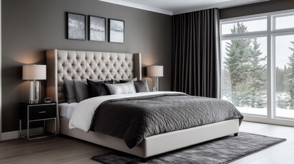 Fototapeta premium Modern Bedroom Interior with Grey and White Bedding and a View of a Snowy Forest