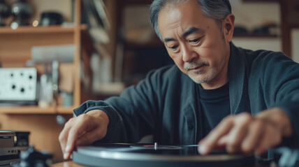 Obraz premium レコードをセットする日本人男性
