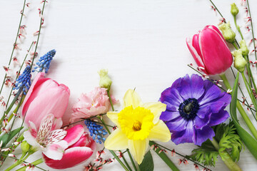 White wooden background with flowers anemone, tulip, narcissus, lisianthus, alstroemeria, muscari. Beautiful card for the spring holiday, copy space.