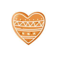 Gingerbread heart shape cookie. Homemade ginger pastries. Love symbol. Traditional Christmas baking with glaze drawing. Tasty homemade cookie. Vector isolated on white background. Sweet baked pastrie.