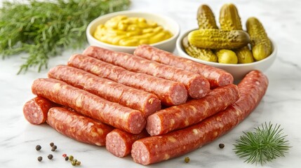 A pile of thin, red, smoked sausages on a marble surface next to a bowl of mustard and a bowl of dill pickles, garnished with black peppercorns and sprigs of rosemary.
