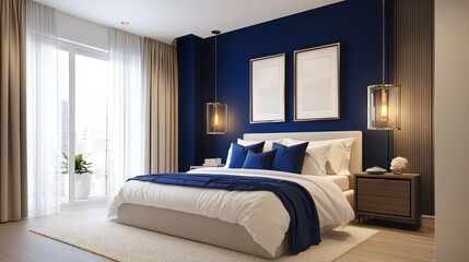 Fototapeta premium Modern Bedroom with Blue Walls, White Bedding, and Golden Accents
