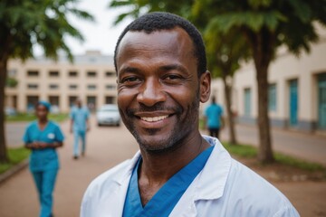 Close portrait of a smiling 40s Guinea-Bissauan man doctor looking at the camera, Guinea-Bissauan hospital blurred background