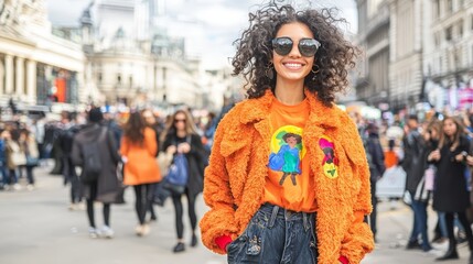 Obraz premium A smiling woman in an orange jacket poses in a busy urban setting.