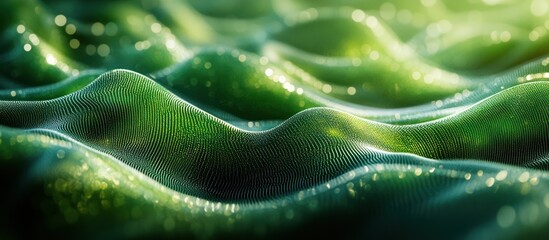 Abstract green wave background with a mesh texture and bokeh effect.