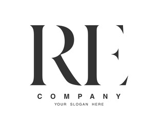 RE logo design. Initial letter r and e serif font style. Creative classic company name typography. Trendy logotype or identity.