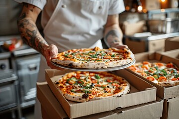 A chef is presenting a hot, delicious pizza with fresh toppings in a busy restaurant kitchen filled with boxes of pizza. The aromatic flavors and lively atmosphere create excitement