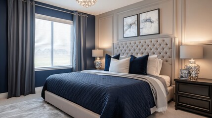 Fototapeta premium Modern bedroom with tufted headboard, navy bedding, and decorative lamps
