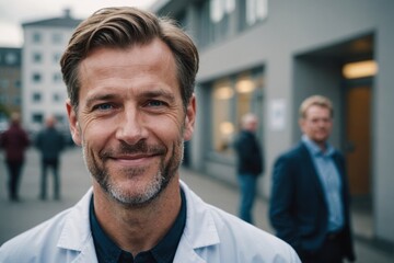Obraz premium Close portrait of a smiling 40s Icelander man doctor looking at the camera, Icelander hospital blurred background