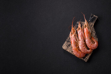 Boiled tiger prawns with salt, spices, herbs and vegetables