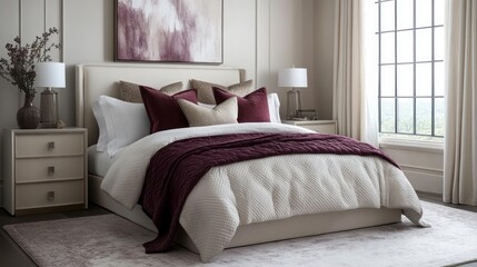 Fototapeta premium A Modern Bedroom Interior with a White Bed and a Burgundy Throw Blanket