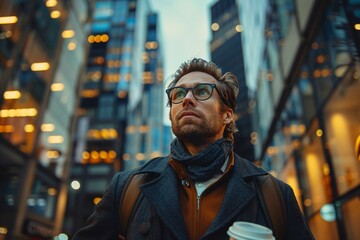 Fototapeta premium The man stands calmly in the city, gazing upward at the tall buildings. He holds a coffee cup, dressed warmly as lights begin to glow in the evening twilight, creating a reflective mood
