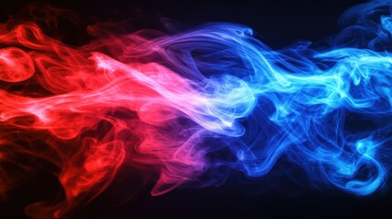 Obraz premium Abstract red and blue smoke swirls on a black background.