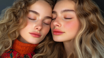 Obraz premium Two women with beautiful curly hair embrace in a tender moment, showcasing their calm expressions