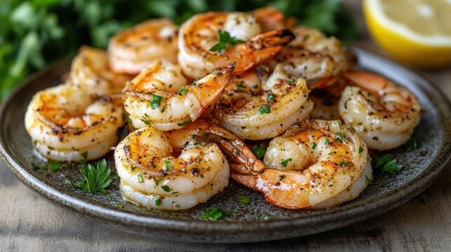 A plate of cooked shrimp with parsley and lemon.